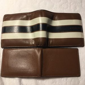 Brown and blue varsity leather coach wallet